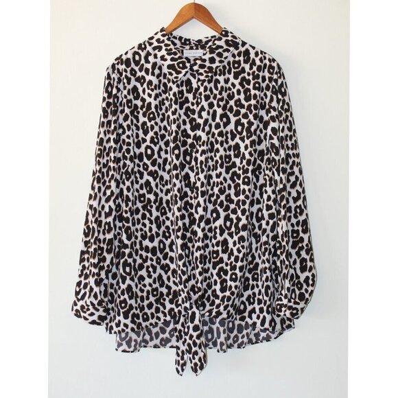 Susan Graver Jaguar Animal Print Blouse Size 22W Top Tie gem Button front casual - Picture 1 of 5